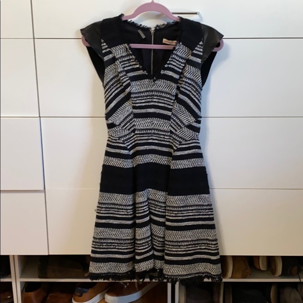 Leather cap sleeve tweed dress
